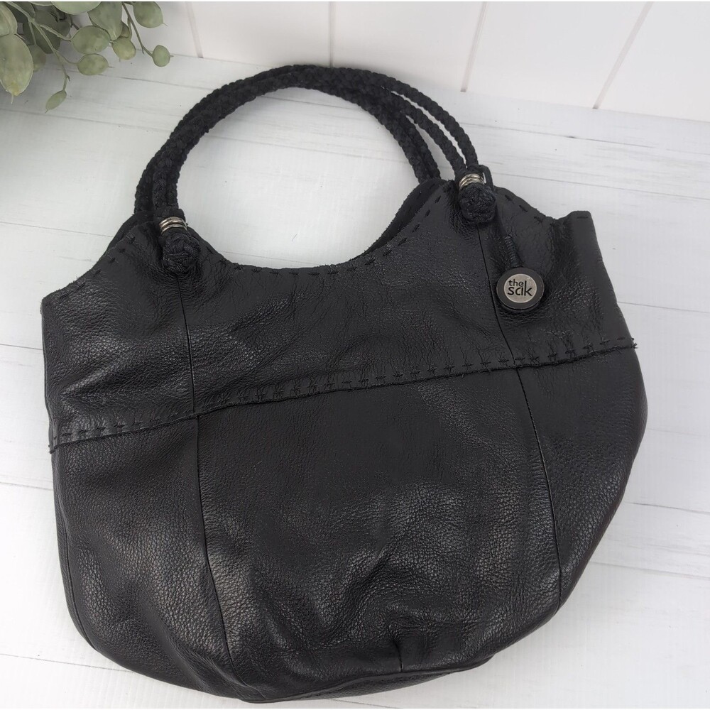 The Sak Indio Black Leather Woven Strap Hobo Shoulder Bag Purse Black Biker Boho